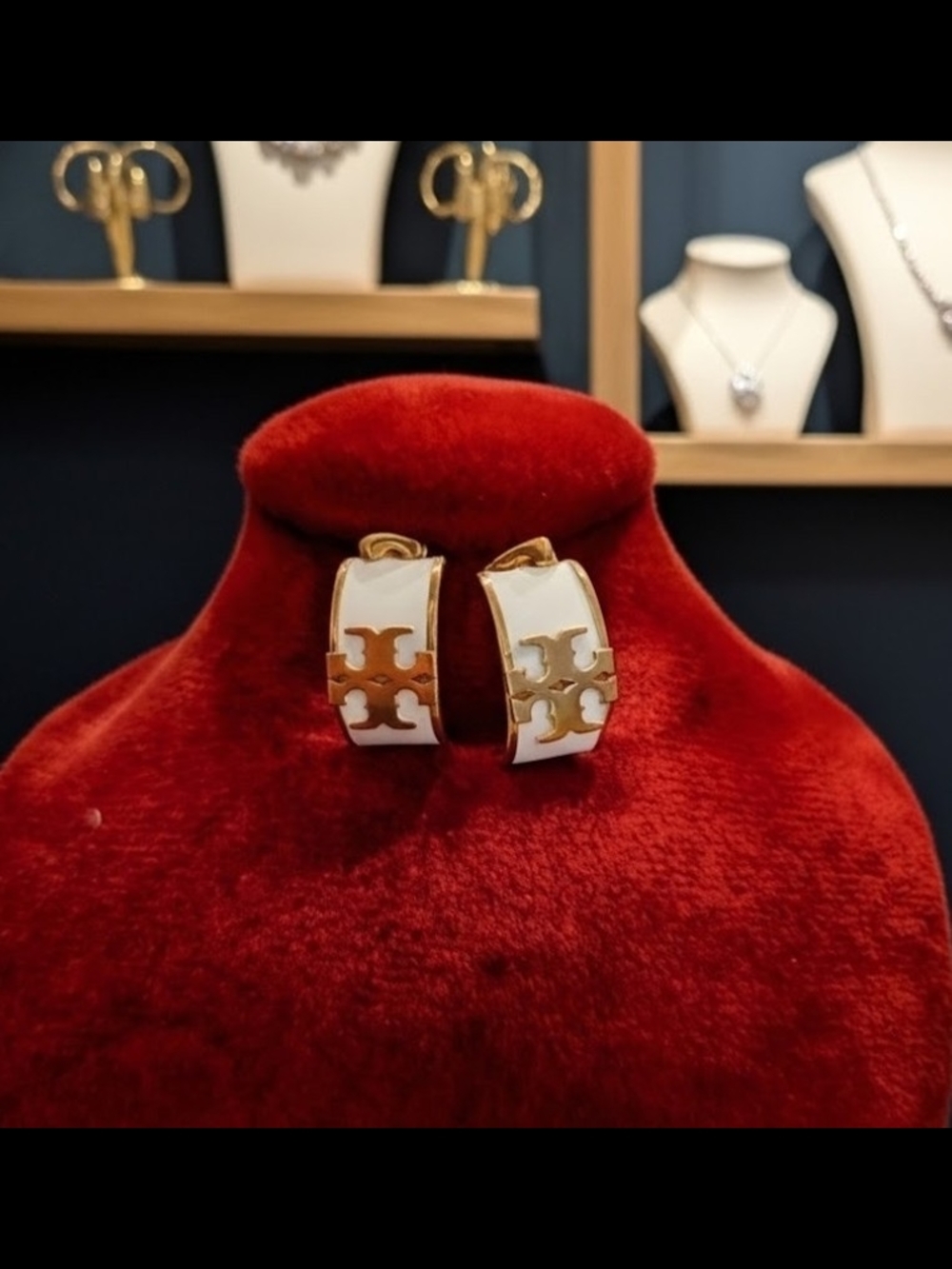 Tory Burch White Enamel and Gold Logo Halfmoon Earrings